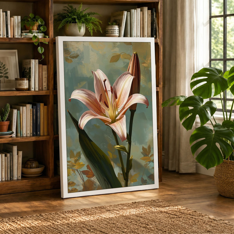 Lily in Bloom Botanical - Wrapped Canvas, 24x16 - 61.0 x 40.6 cm, Taupe Border
