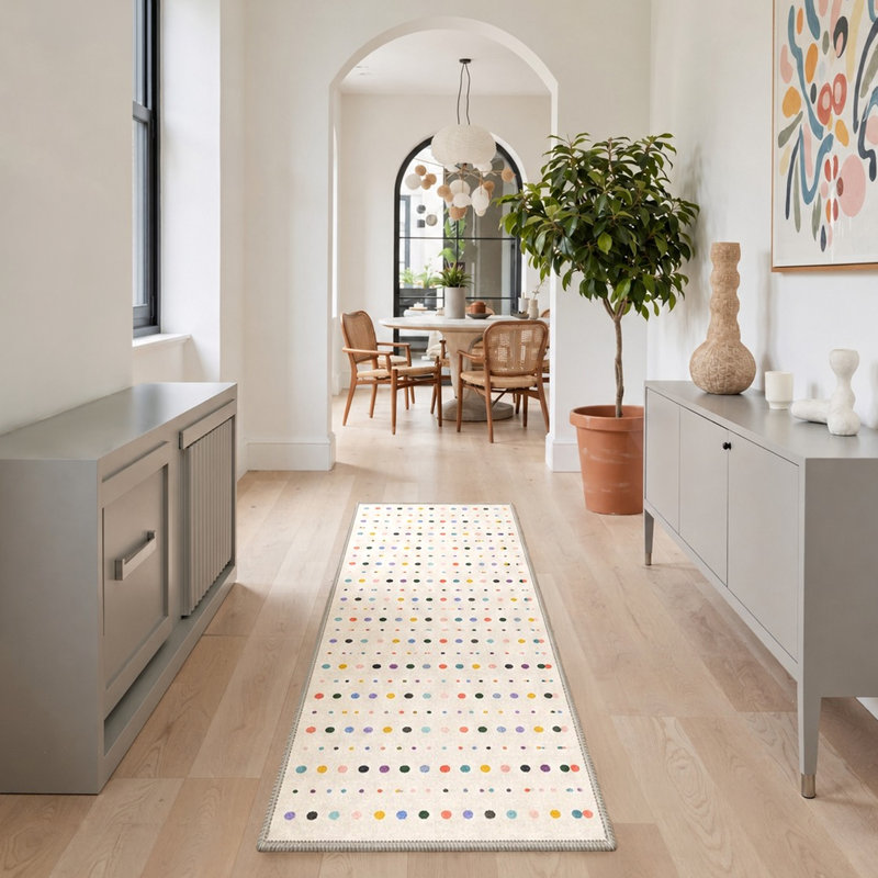 Tapis de couloir blanc / bleu lavable à la machine avec envers antidérapant, Rond 5 pi