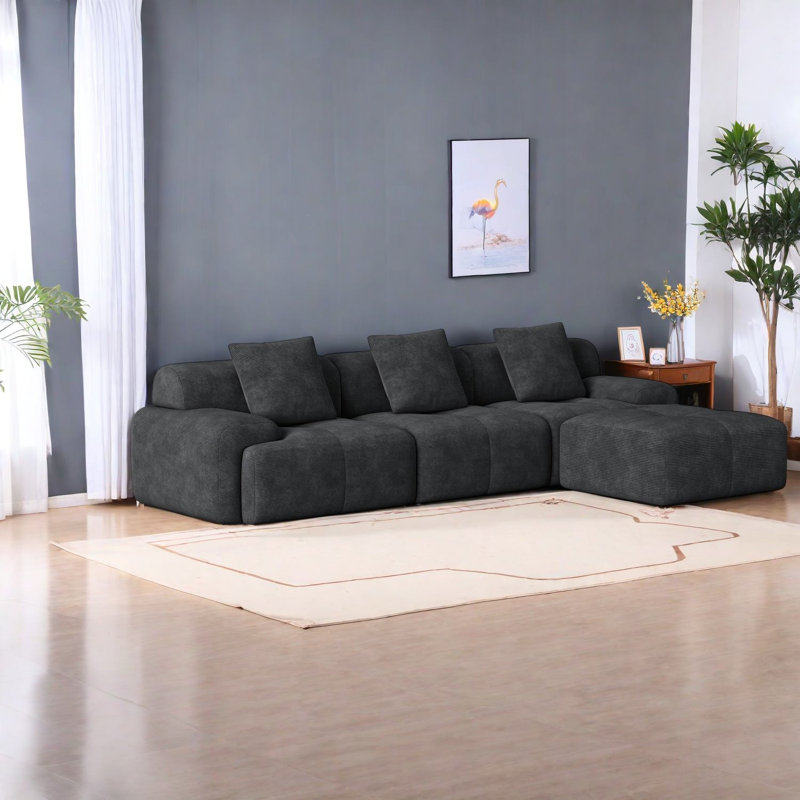 Canapé d'angle moderne à compression, canapé 3 places en velours côtelé gris foncé avec pouf amovible