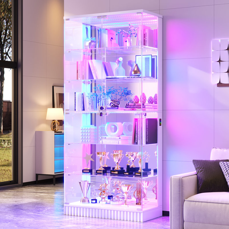 6-Tier Tempered Glass Display Cabinet with Motion Sensor RGB Lights, Lockable Tall Curio Cabinet, White