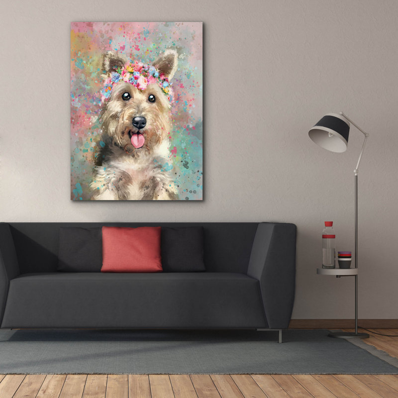 «Flower Crown Yorkshire Terrier» par Furbaby Affiliates, art mural sur toile, H 54 po x l 40 po x P 1,5 po