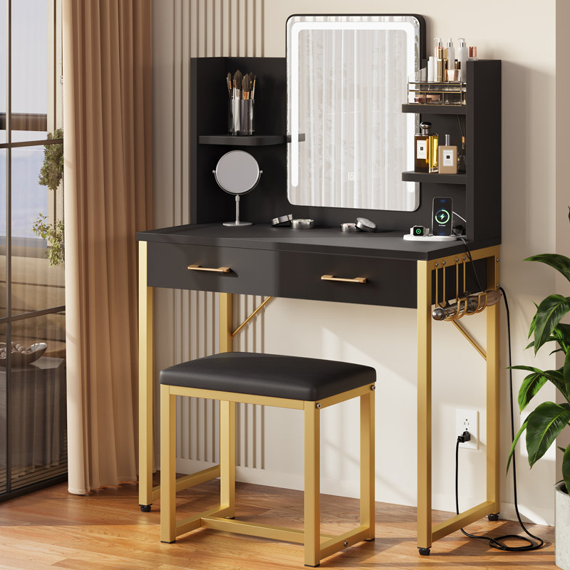 Paradis 31.5" Makeup Vanity with USB Power Outlet & 2 Drawers, Black
