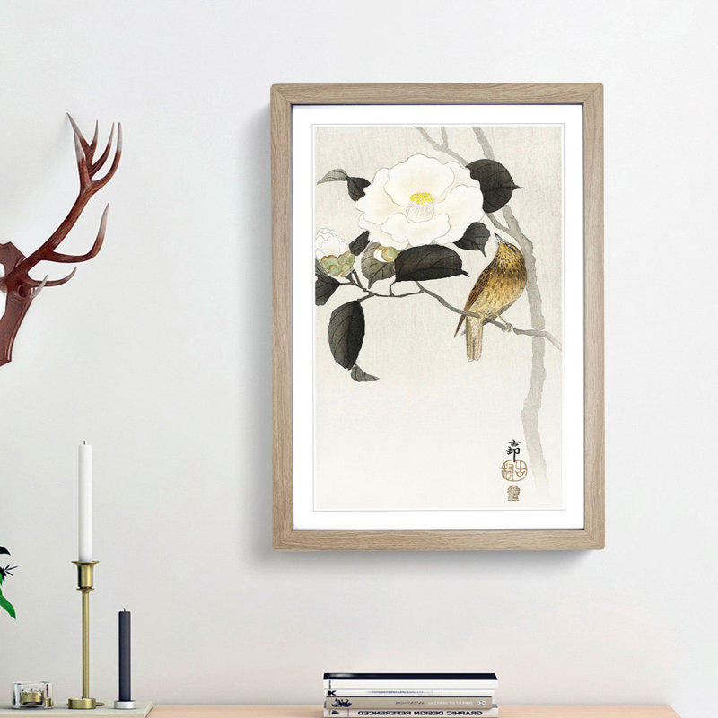 Songbird & Flowering Camellia by Ohara Koson - Picture Frame Painting Print, 48cm H x 36cm W x 2cm D, Oak Framed