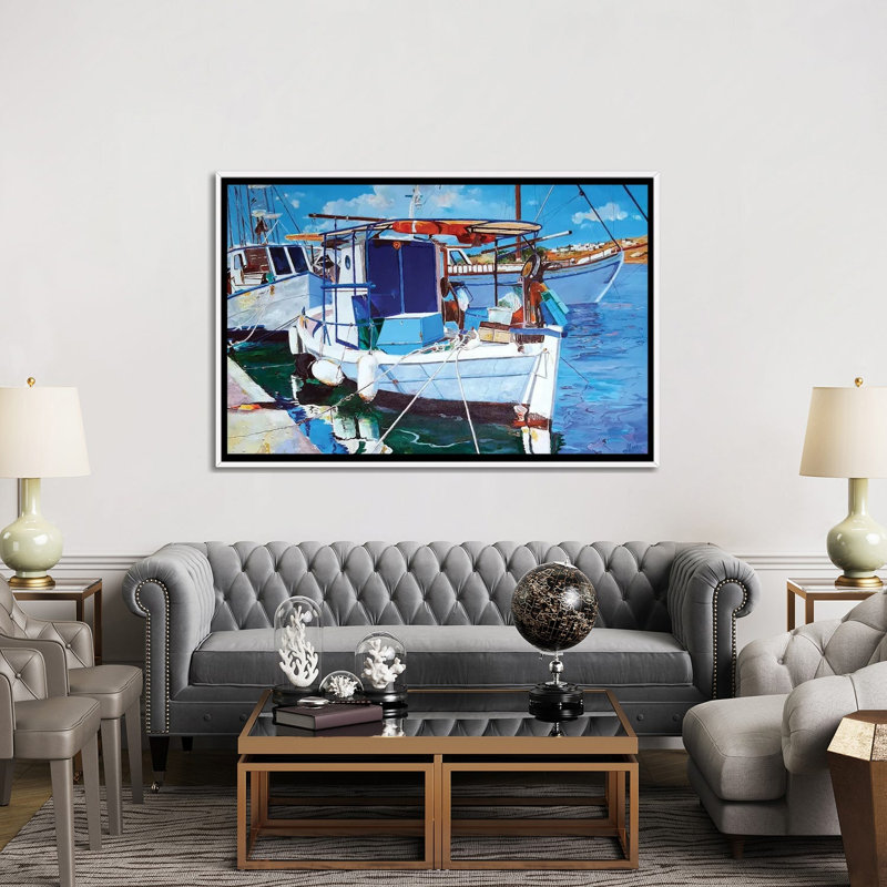Port de pêche - reproduction d'art murale - toile encadrée, 60 po x 40 po, Framed Canvas, Blanc