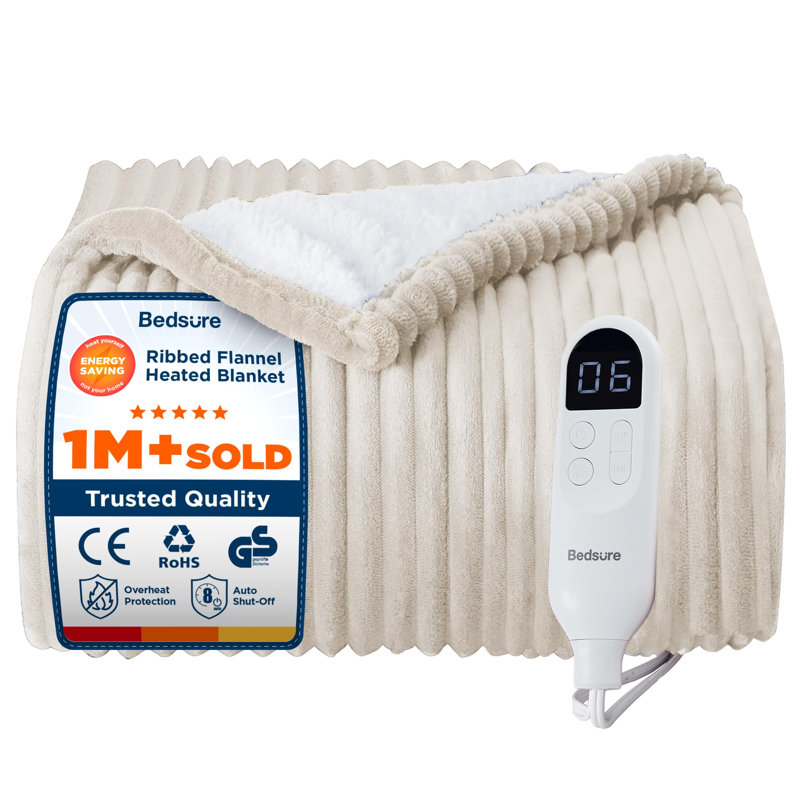 Bedsure Heated Blanket Electric Throw with 10 Time Settings, 6 Heat Settings, Overheat Protection, Cream Striped
