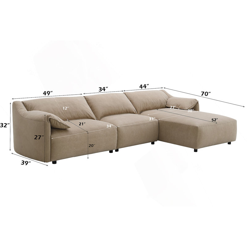 Luxueux canapé modulaire en suède brun clair avec coussins en duvet et siège à ressorts ensachés, parfait pour le confort et le style modernes.