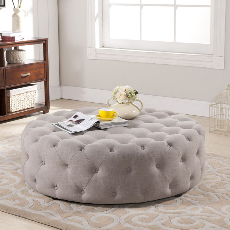 Repose-pieds rond Somwya en lin beige, H 15,75 po x l 42 po x P 42 po, Lin beige