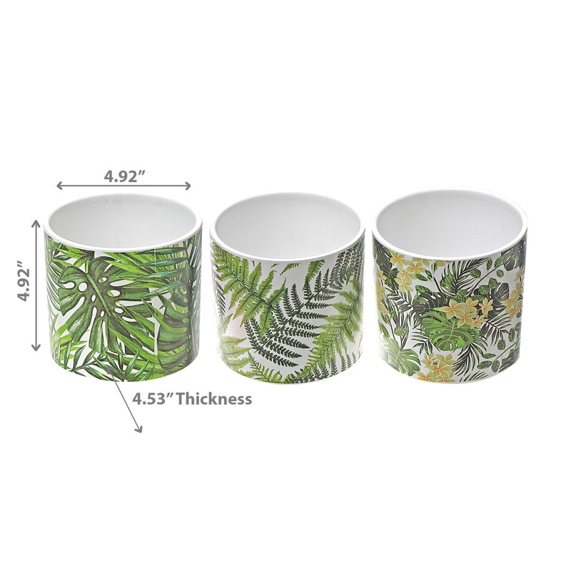 Set of 3 Green Leaf Design Ceramic Planters