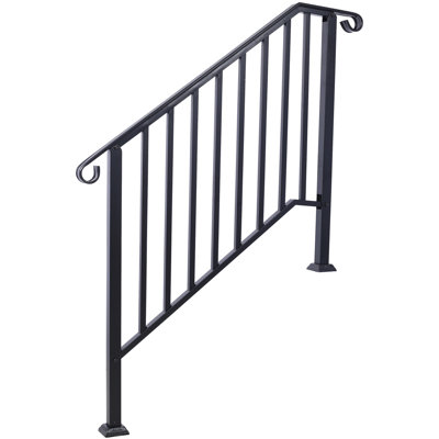 Handrails For Outdoor Steps, Fit 3 Or 4 Steps Outdoor Stair Railing, Picket#3 Wrought Iron Handrail, Flexible Porch Railing, Black Transitional Handrails For Concrete Steps Or Wooden Stairs
