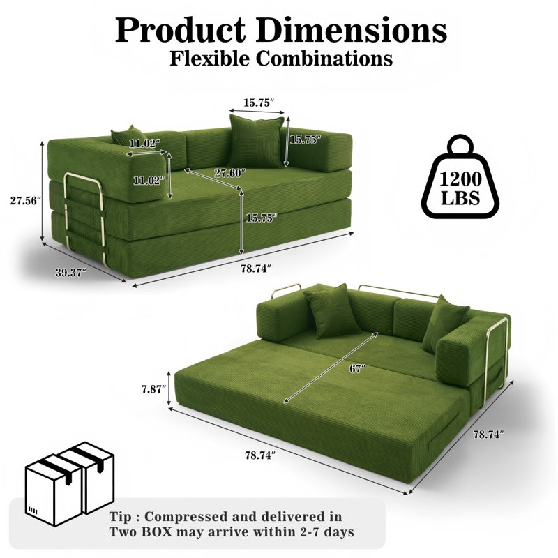 Canapé-lit pliable de 78 po, canapé-lit futon 4-en-1, canapé-lit convertible en mousse à mémoire de forme, canapé avec accoudoir de soutien pour le dossier du salon