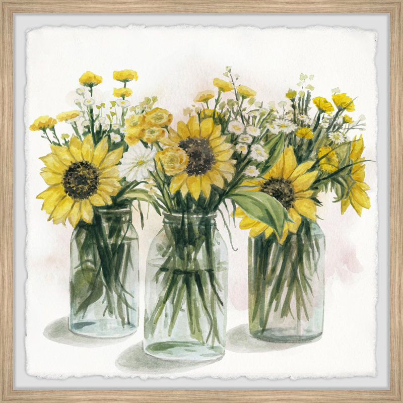 Sunflowers In Glass Jars II - Single Picture Frame Painting, 41cm H x 41cm W