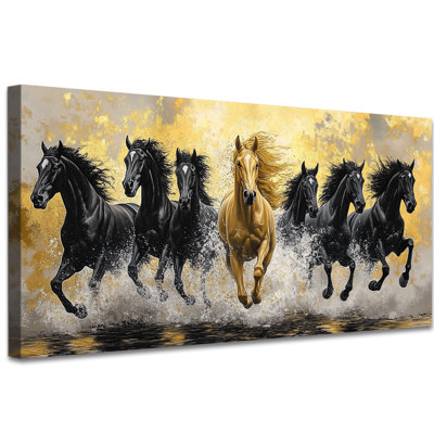 Large Horse Running Canvas Wall Art - Vivid 7 Horses Painting Wall Picture Decor for Living Room, Dynamic Water Splash Artwork for Bedroom with Gold and Black Color Wrapped Frame Canvas Prints, 30×60 inches