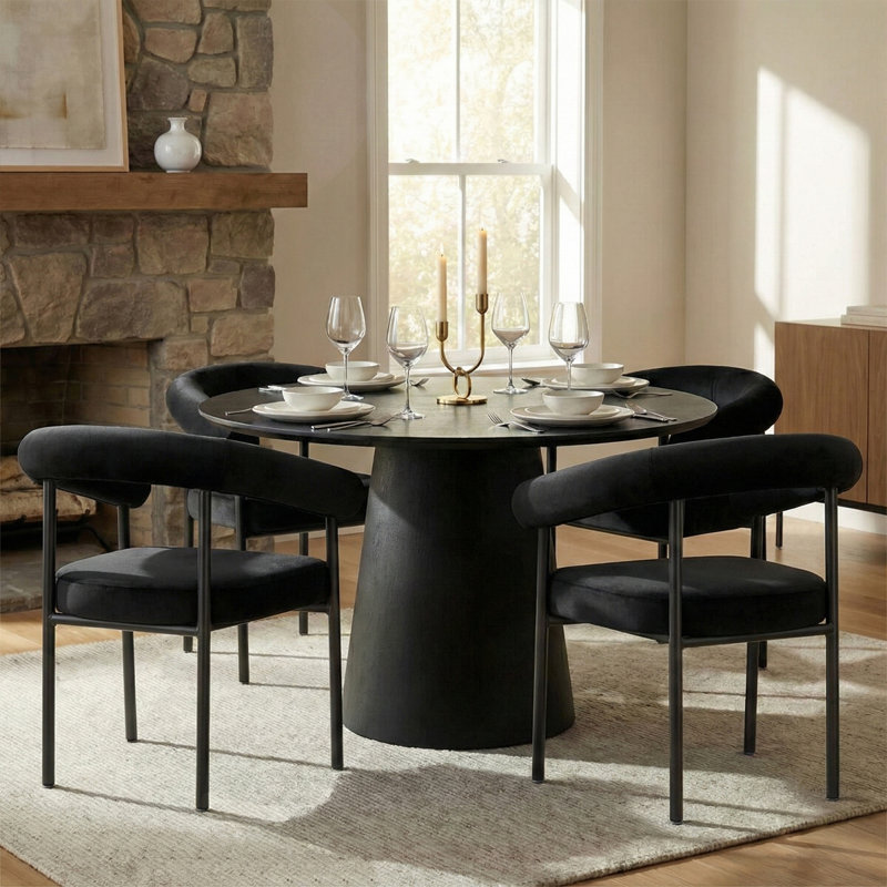 Ensemble de salle à manger extensible de 46 à 83 po avec base à double piédestal et fauteuils rembourrés en velours, Noir