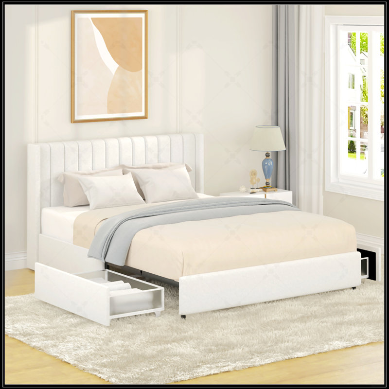 Lit plateforme tapissier Anda, Tissu ivoire