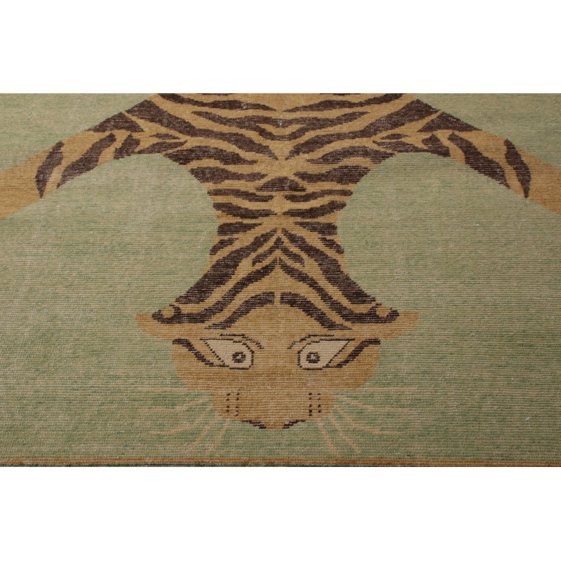 Classic Pictorial Tiger Rug Green Orange Custom Pattern By Rug & Kilim, Rectangle 10' x 14'