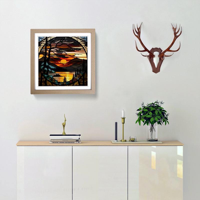 Sunrise Stained Glass Effect - Single Picture Frame Print on Wood, Oak