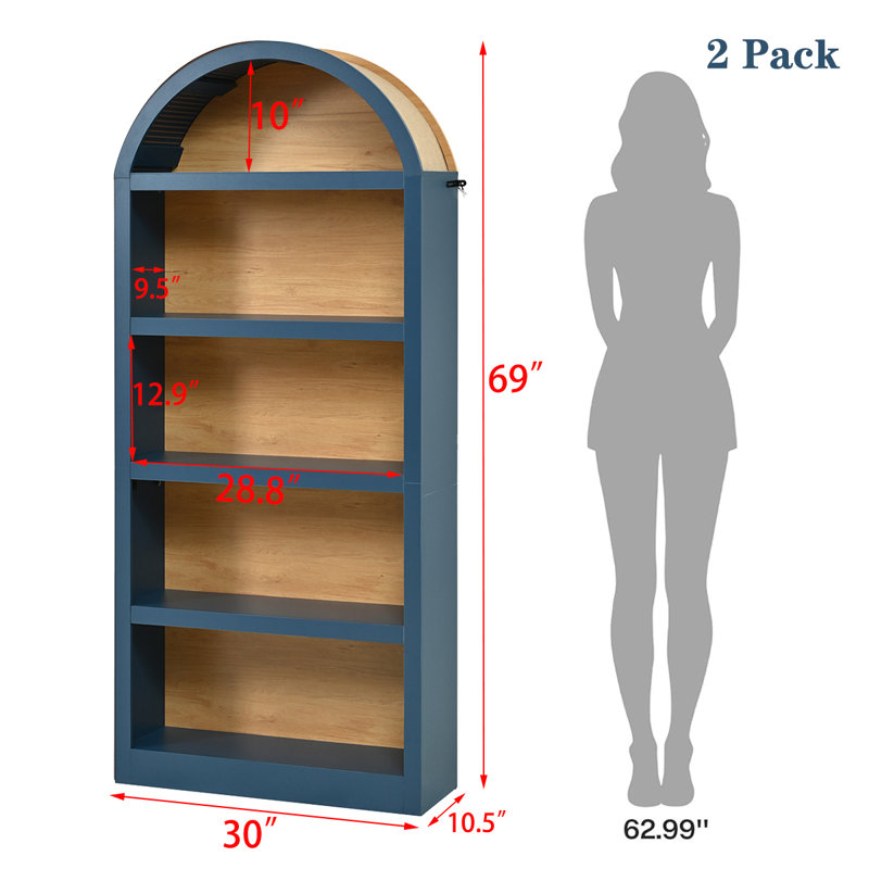 69" Tall Freestanding Arched Bookshelves Set of 2,Two-Tone Open Storage Cabinet, Farmhouse 5-Tier Display Bookcase for Living Room, Bedroom, Home Office, Blue+Natural