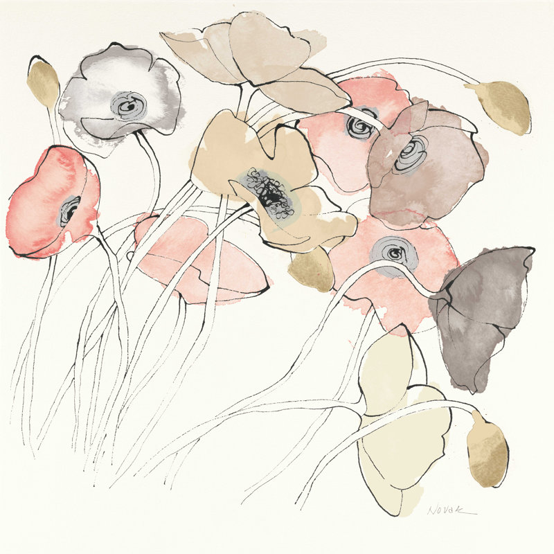 «Black Line Poppies II», aquarelle neutre, H 12 po x l 12 po