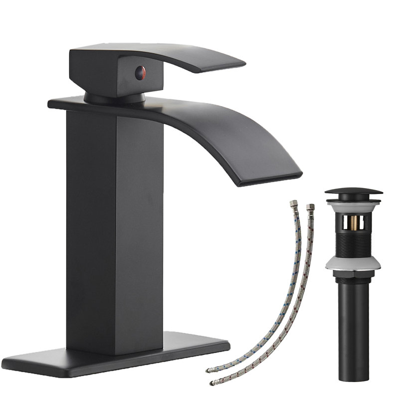 Robinet de salle de bain à un trou à arc bas avec drain Waterfall, Noir mat
