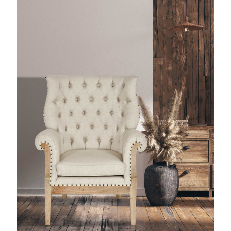 Fauteuil capitonné large de 36 po Foye, Structure naturelle / coussin en lin neutre