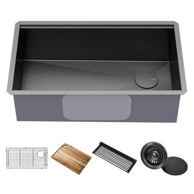 KRAUS Kore™ Workstation 32" L Undermount 16 Gauge Black Stainless Steel Single Bowl Kitchen Sink in PVD Gunmetal Finish