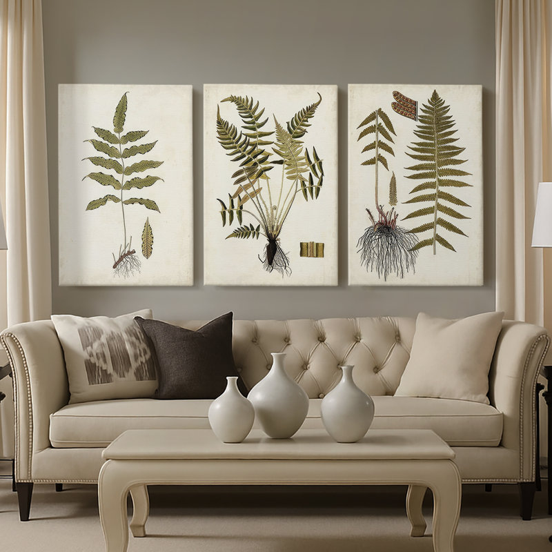 Fern Botanical III - Toile tendue avec châssis sur mesure - 3 pièces, H 12 po x l 24 po