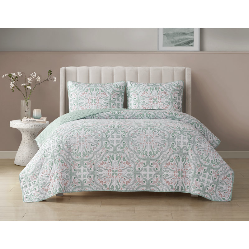 Ensemble de courtepointe en microfibre sauge / rosé / blanc 3 pièces , Courtepointe très grand et 2 très grandes taies