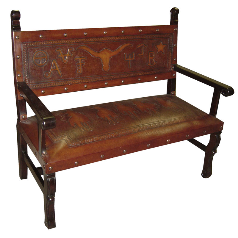 Spanish Leather Bench, Antique Brown/Geometric, 44" H x 50" W x 25" D