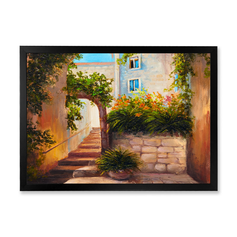 Fleurs colorées dans une maison méditerranéenne IV - reproduction d'art sur toile, Toile avec cadre noir