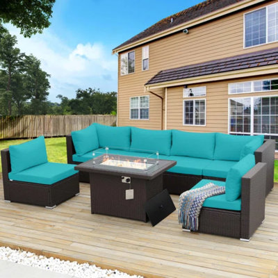 Ensemble de conversation pour patio 7 pièces en osier avec haut foyer et table basse
