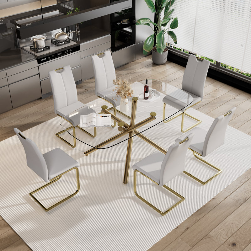 Rectangle Glass Pedestal Dining Set, Light Gray, 7
