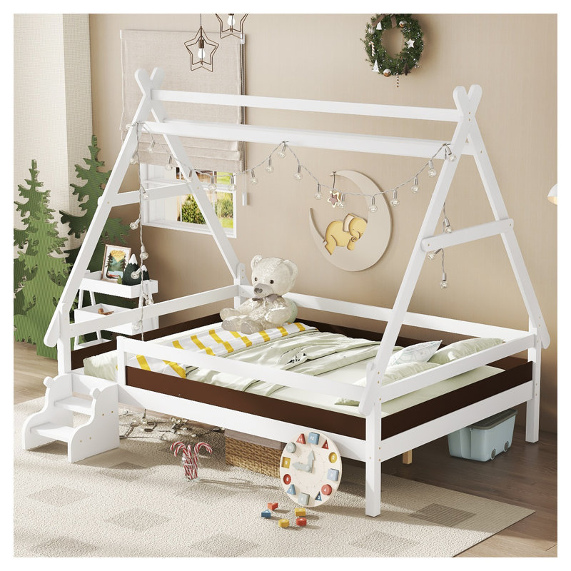Lit plateforme simple en forme de maison avec escalier, structure de lit pour enfant à profil bas en bois massif, design amusant enfantin en blanc clair