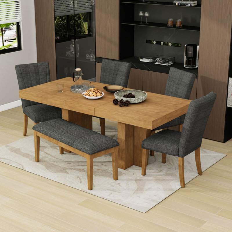 Ensemble de table de salle à manger 6 pièces avec table à tréteaux extensible, chaises rembourrées, banc et rallonge amovible