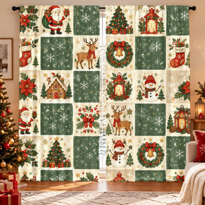 Lot de 2 rideaux en patchwork de Noël, imprimé festif Père Noël, rennes, maison en pain d'épices, bonhomme de neige, canne de Noël et poinsettia, tissu filtrant la lumière, protection de l'intimité, conception à œillets, lavable à la machine, convient pour le salon, la chambre, la décoration de Noël