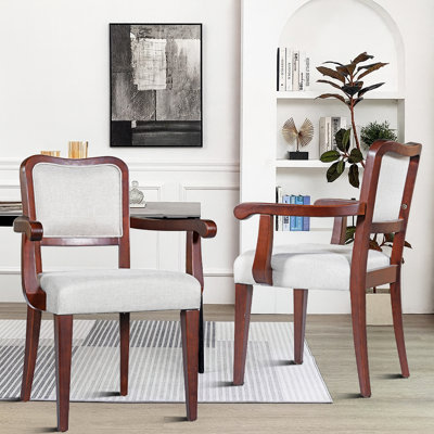 Set of 2 Upholstered Dining Chairs with Wood Arms and Frame, Comfortable Padded Seat and Backrest, Classic Accent Chairs for Dining Room or Living Room