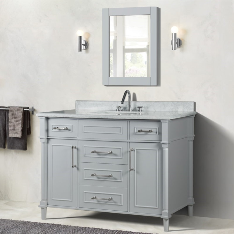 48” Single Vanity Set With White Carrara Marble Top and Mirror, Light Grey