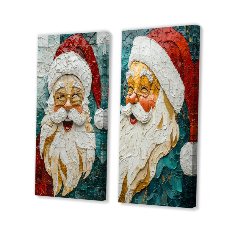 «Santa's Christmas Jolly Laugh I» - ensemble d'art mural de Noël père Noël 2 pièces, H 32 po x l 32 po, Toile tendue
