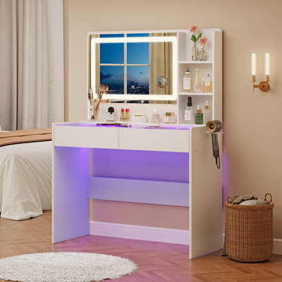Vanity Desk With Led Lighted Mirror, Transparent Glass Top & Ambient Lighting, Dressing Table With Charging Station, 2 Drawers by Ivy Bronx