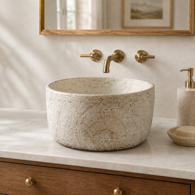 Lavabo de salle de bain vasque rond en pierre artificielle 15,7 po avec finition naturelle texturée