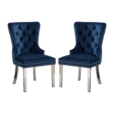Of 2 Dining Chairs With Wingback, Blue, Button Back, Legs Trim 2Pcs Wingback Chairs, & Sumptuous