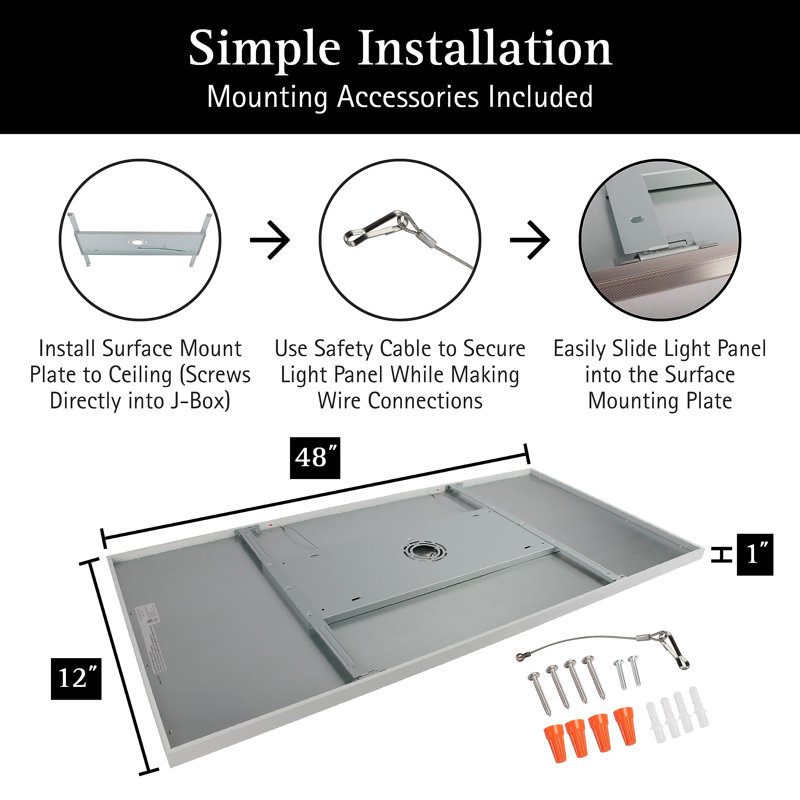 Panneau de plafonnier à fixation en surface - mince, bord éclairé, panneau plat encastré, Blanc mat, L 48 po x P 24 po