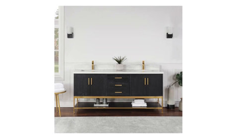 Akright 72 Double Bathroom Vanity Set Everly Quinn Base Finish: Light Brown, Top Finish: Black