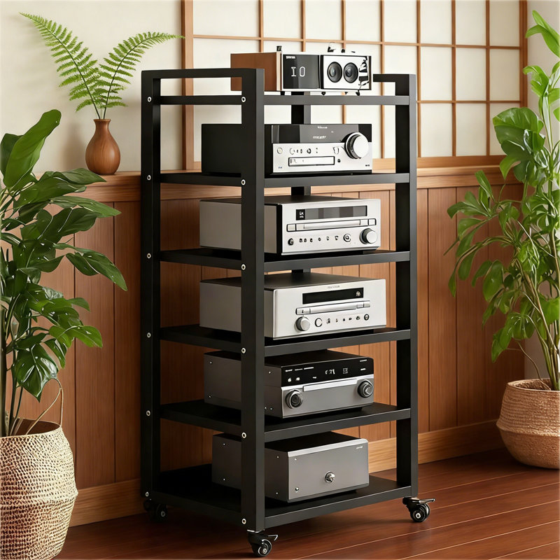Black 6-Tier Audio Rack Tower With Adjustable Wooden Shelves, Weight Capacity 661 Lbs, For AV Equipment