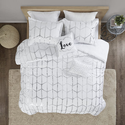 Édredon simple / simple TG - blanc avec imprimé géométrique argenté, microfibre, 2 taies décoratives, coussins décoratifs, durabilité durable, géométrie attrayante, très doux, séchage par culbutage à basse température