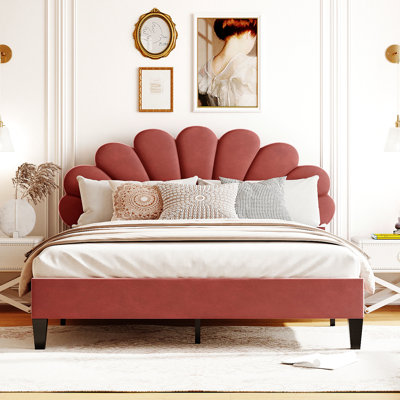 Glamorous Queen Size Upholstered Platform Bed With Flower Pattern Velvet Headboard In Red Bean Paste Splendid
