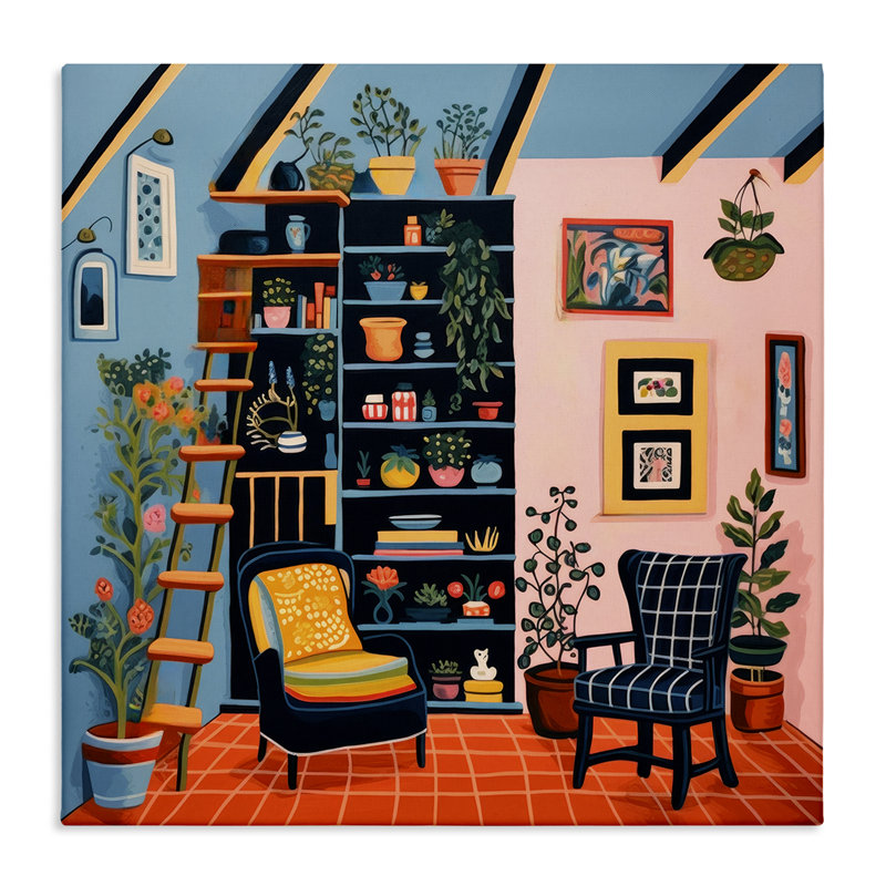 Art mural sur toile de bibliothèque et scène de plantes par Lazar Studio, H 17 po x l 17 po