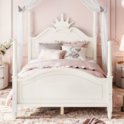 Lit plateforme en forme de couronne, taille standard, cadre de lit à baldaquin en bois avec tête de lit incurvée, beige