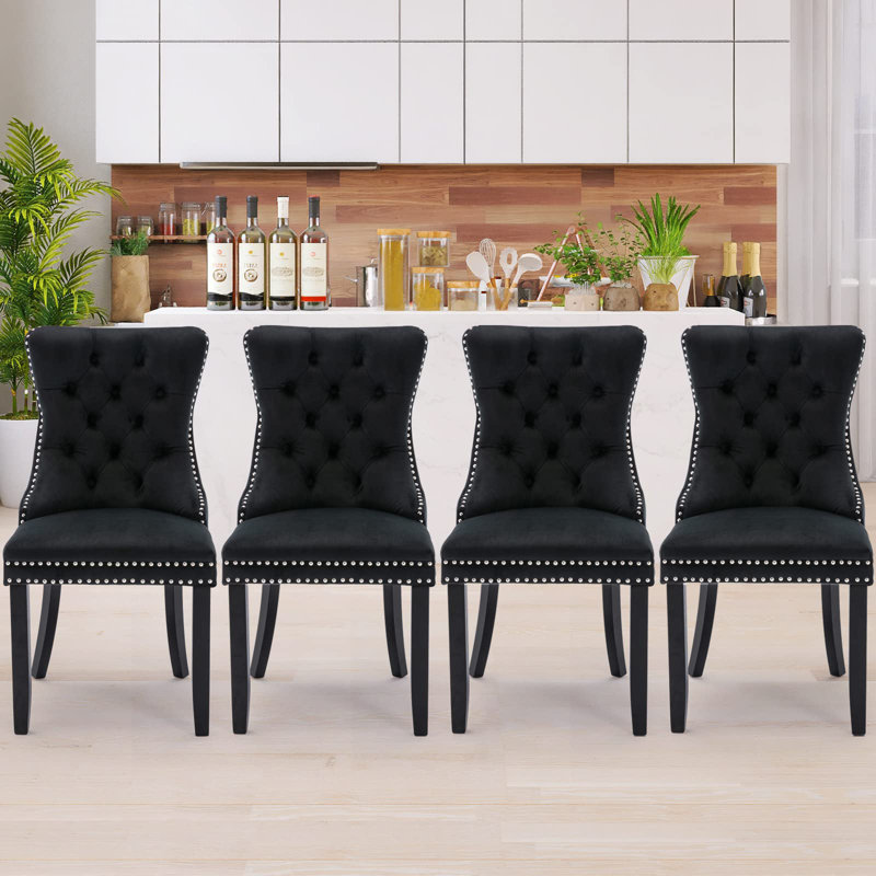 Chaises de salle à manger, chaise de salle à manger rembourrée haut de gamme avec anneau clouté, Noir, Velours noir, 4