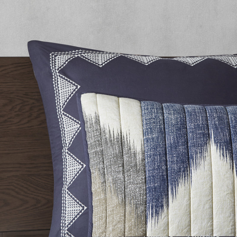 Navy Ikat Print Reversible Cotton Full Quilt Set
