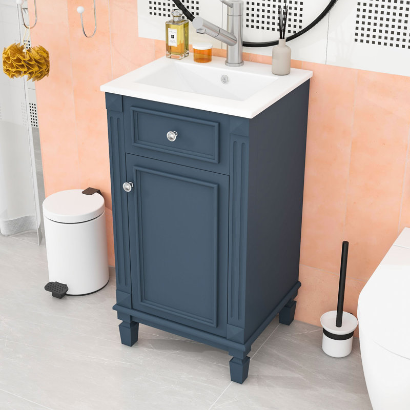 Meuble-lavabo de salle de bain avec lavabo, porte à fermeture douce et tablette réglable, Bleu